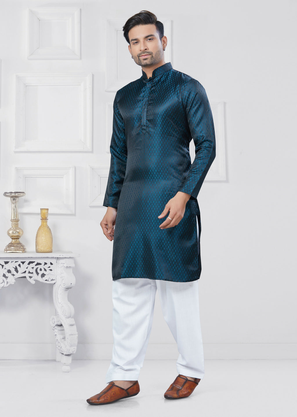 Men's Jacquard Silk Rama Printed Kurta Pyjama Set - Traditional Wear