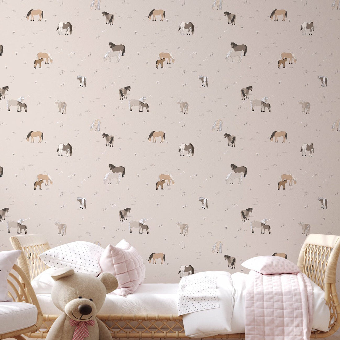 Trish abstract wallpaper pattern in pink, brown, grey, and white tones.