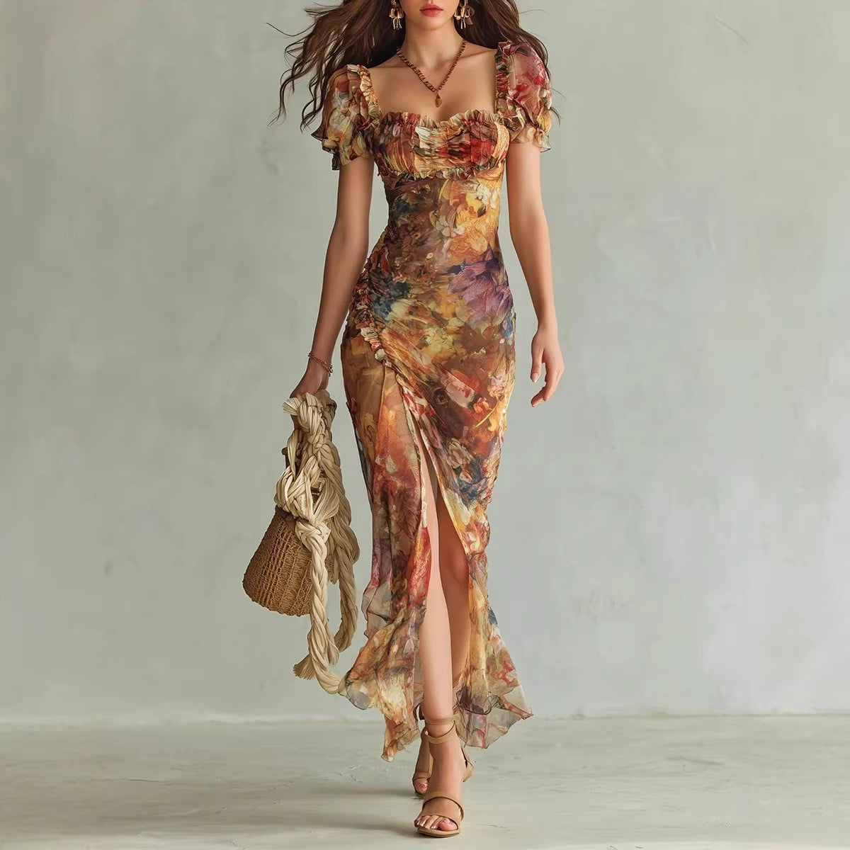 Orange V-Neck Ruffle Hem Maxi Dress