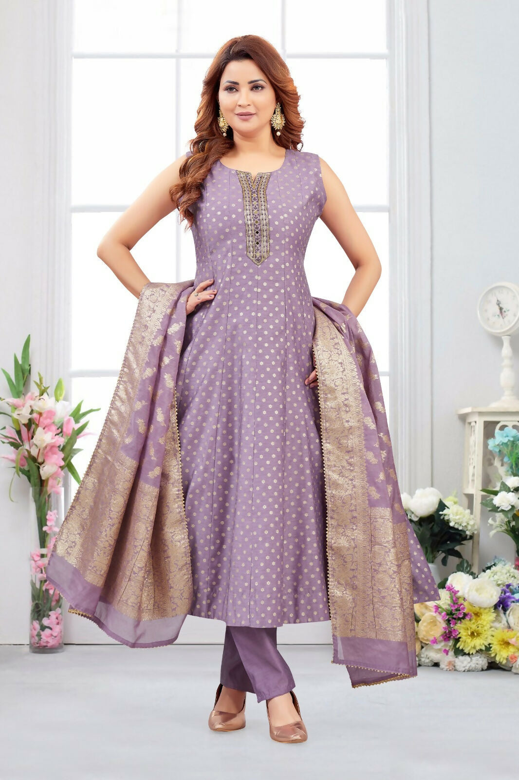 Lilac Jacquard Kurta Set with Dupatta - Traditional Fusion Ethnic Wear