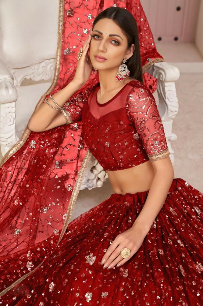 Red Butterfly Net Lehenga Choli With Zari & Sandwich Sequence Work