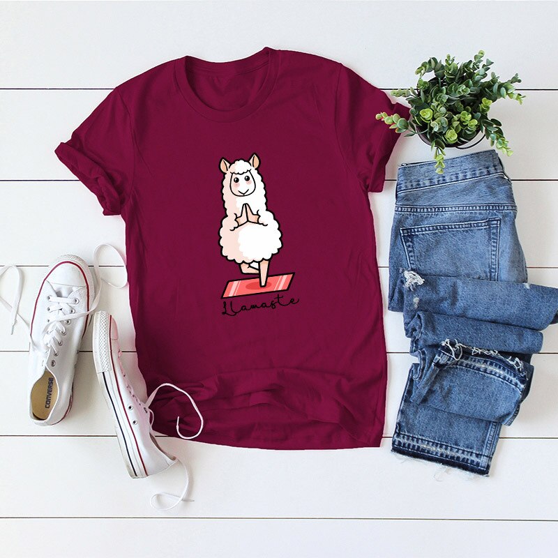 Women's Cotton Graphic T-Shirt - 'Llamaste' Sheep Print Tee - Image 2