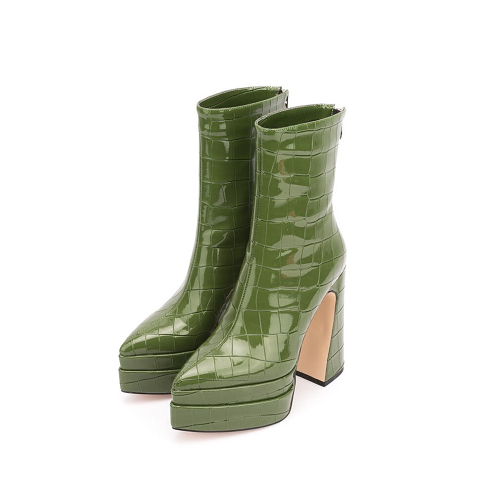 Women's Chunky Platform Ankle Boots - Stone Pattern High Heel