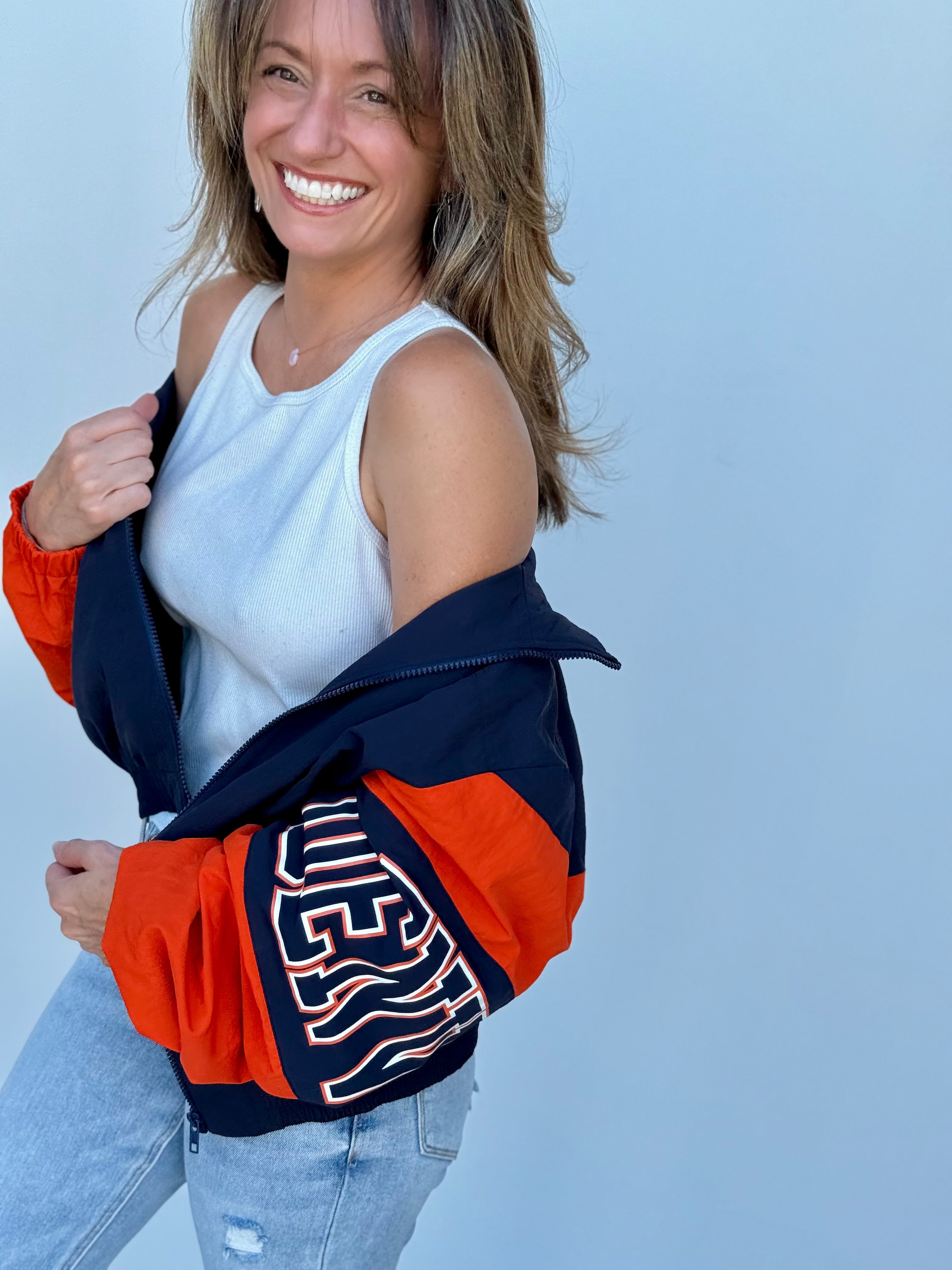 Denver Retro Jacket Women's Navy and Orange Sporty Bomber Zip-Up