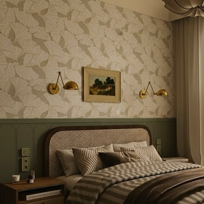 Modern botanical wallpaper with a floral Odin pattern in sage-green and cream.
