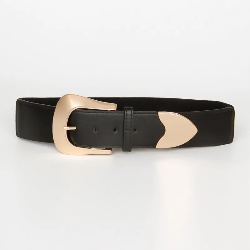 Black Wide Elastic Waist Belt with Oversized Gold Buckle - Image 6