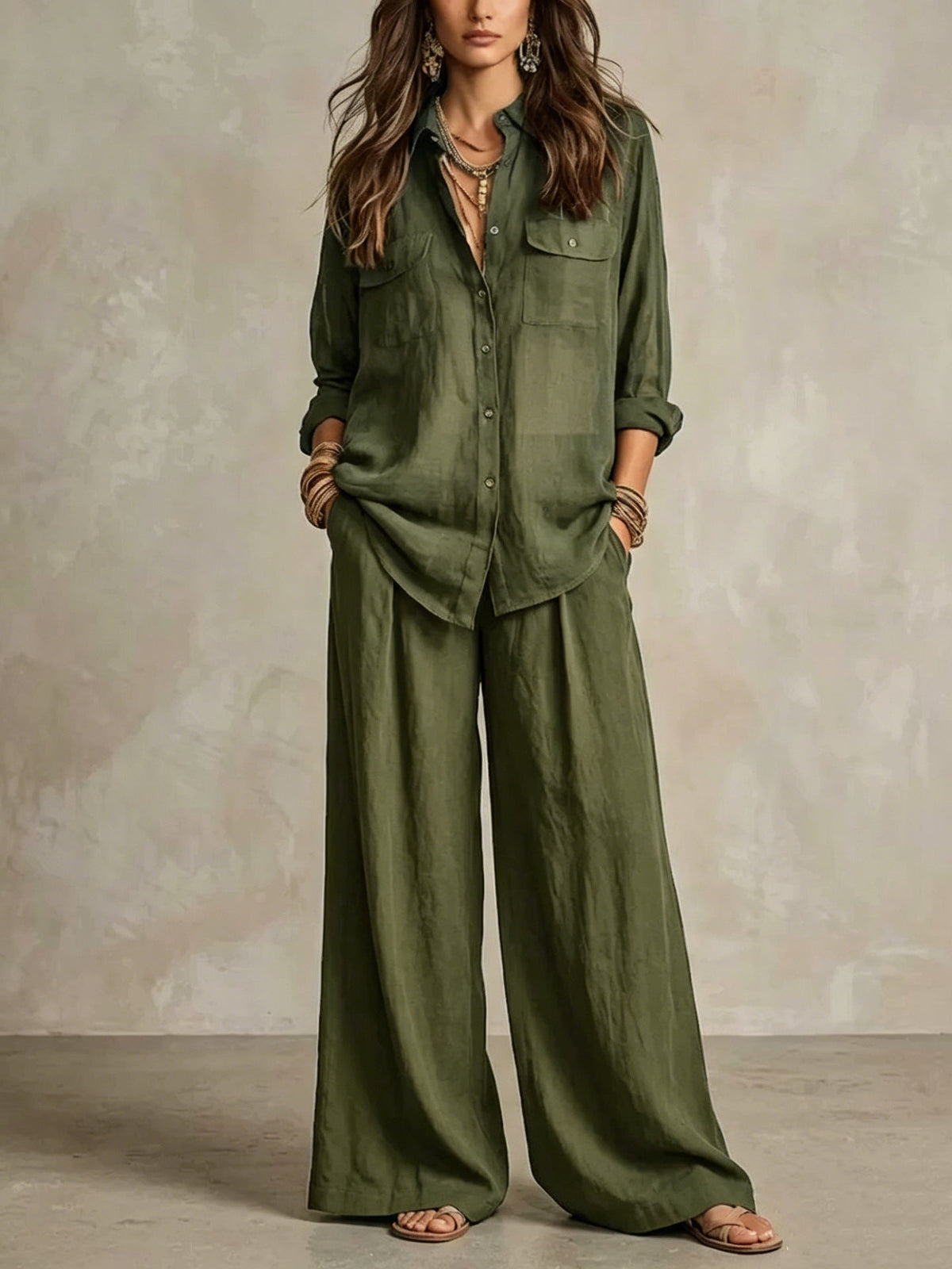Women's Linen Two-Piece Set – Long Sleeve Shirt & Wide-Leg Pants