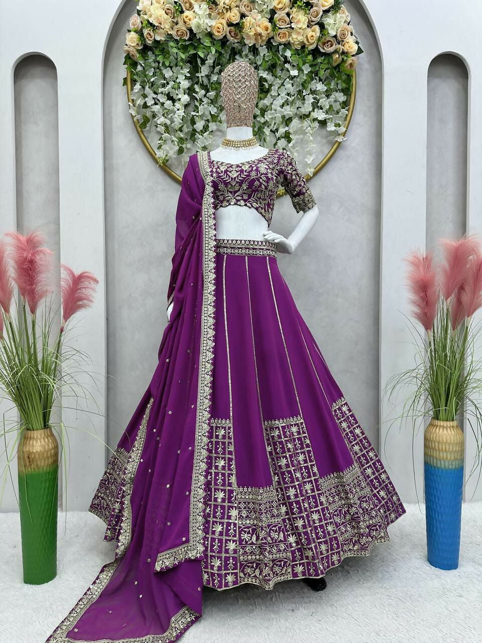 Wine Faux Georgette Sequin Embroidered Lehenga Choli Set