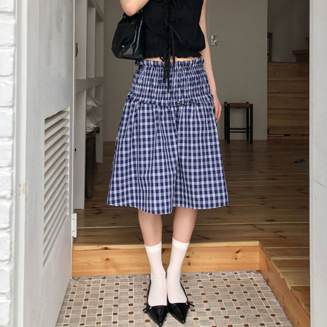 Women's Blue Plaid Smocked Waist Tiered Midi Skirt - Image 2