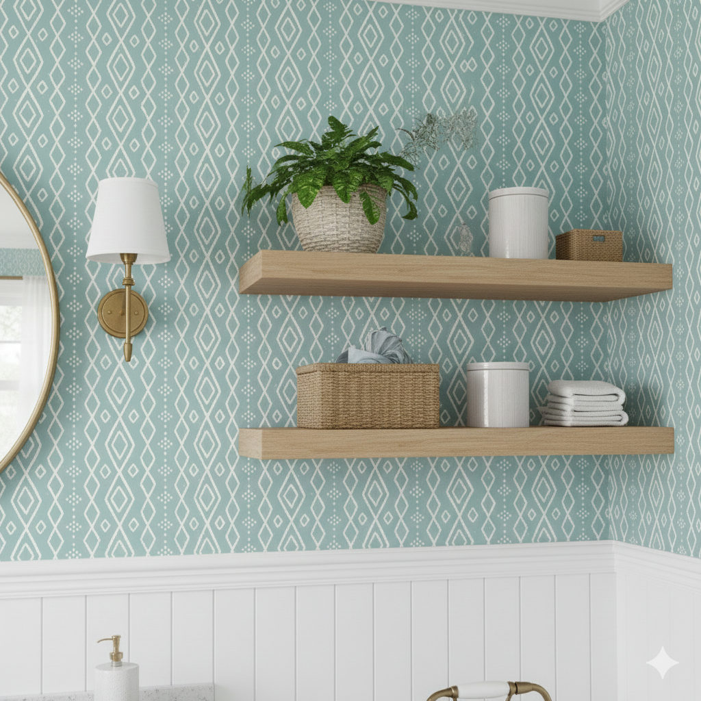 Bondi geometric wallpaper in coastal teal, beige, and white colors
