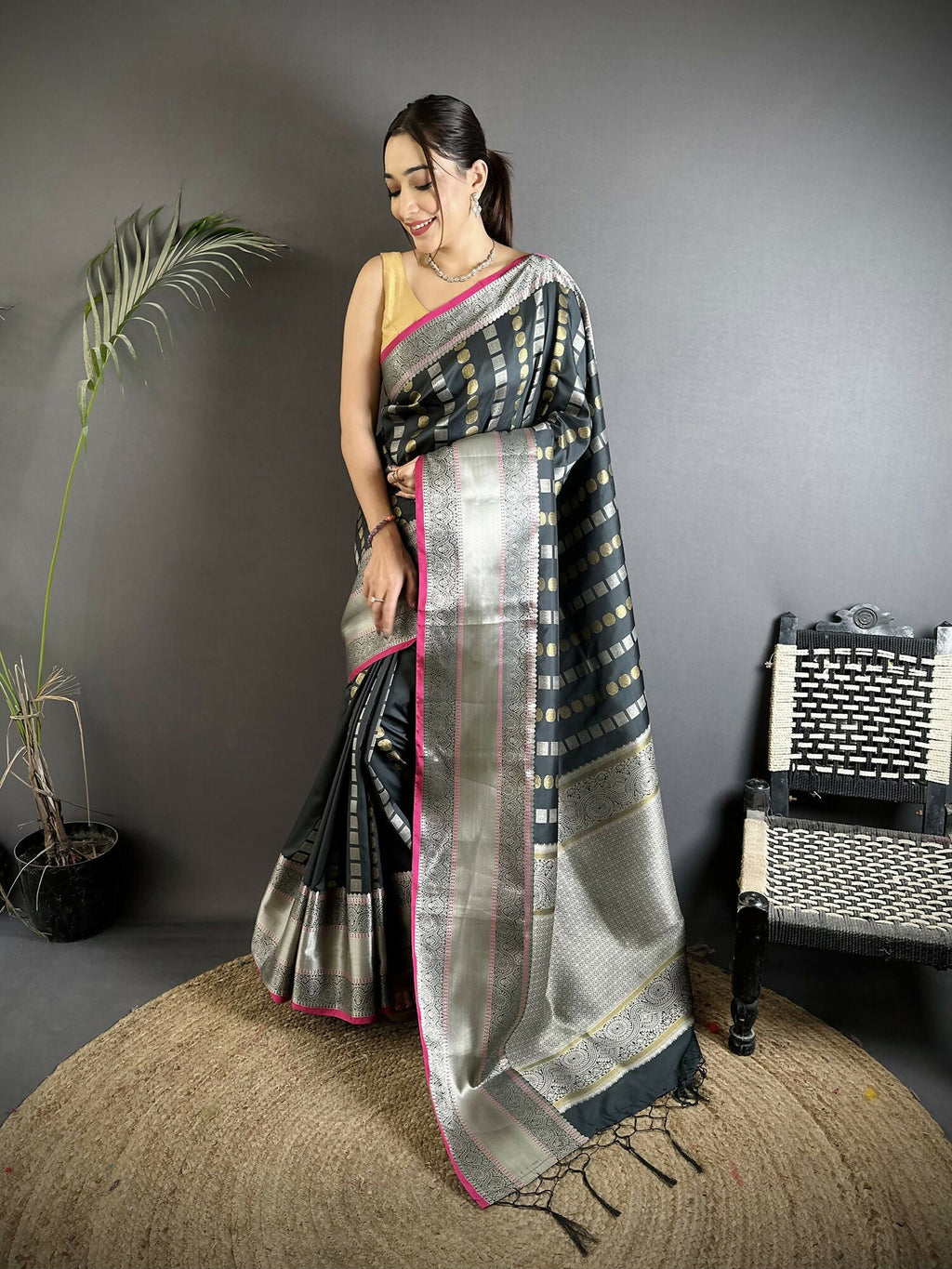 Black checked soft silk Kanjivaram saree with matching Kathan silk blouse