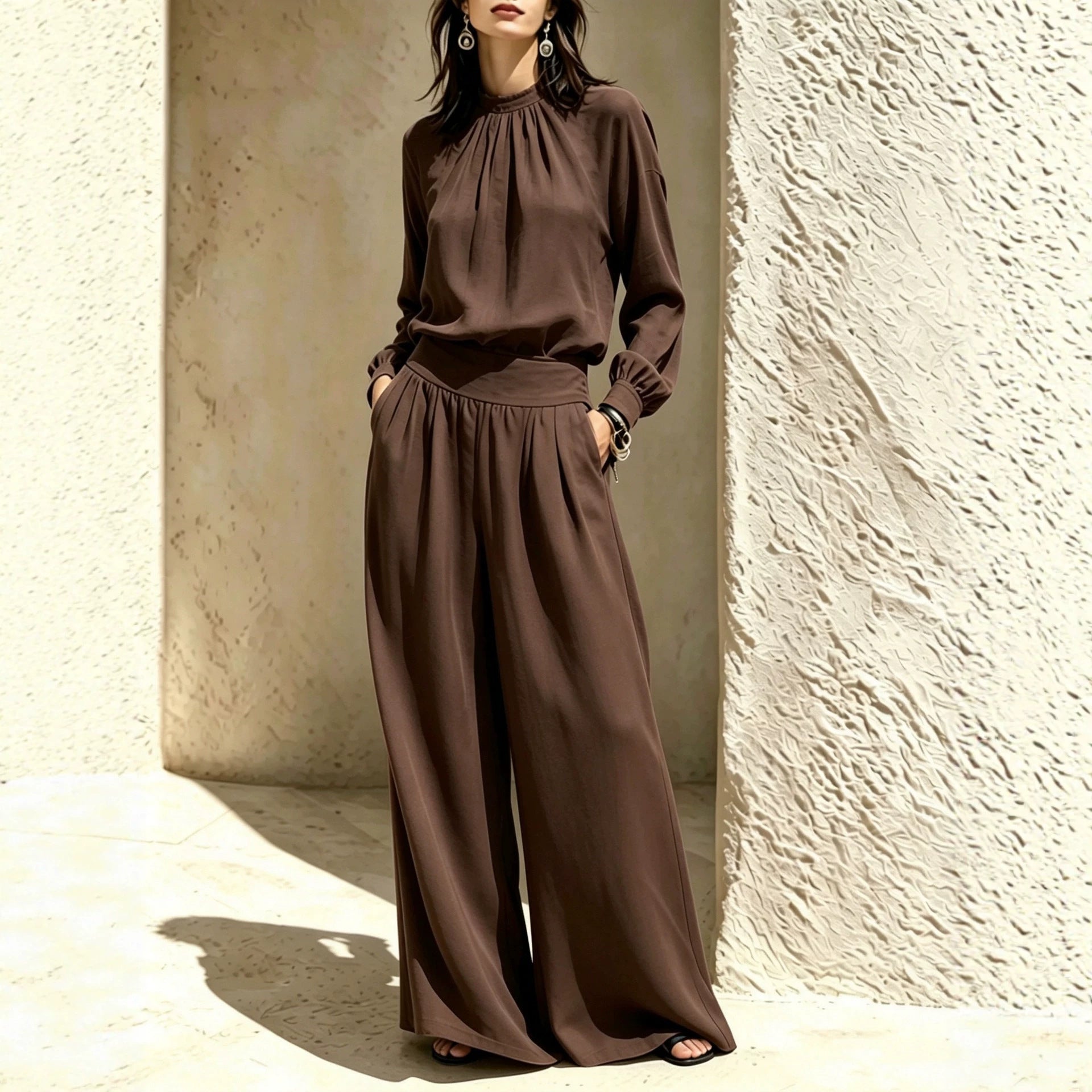 Women's Stand-Up Collar Puff Sleeve Blouse & Wide-Leg Pants Set