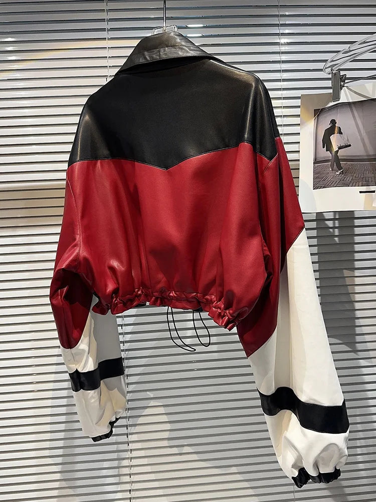Women's Harajuku Contrast Patchwork Leather Motorcycle Jacket - Image 4