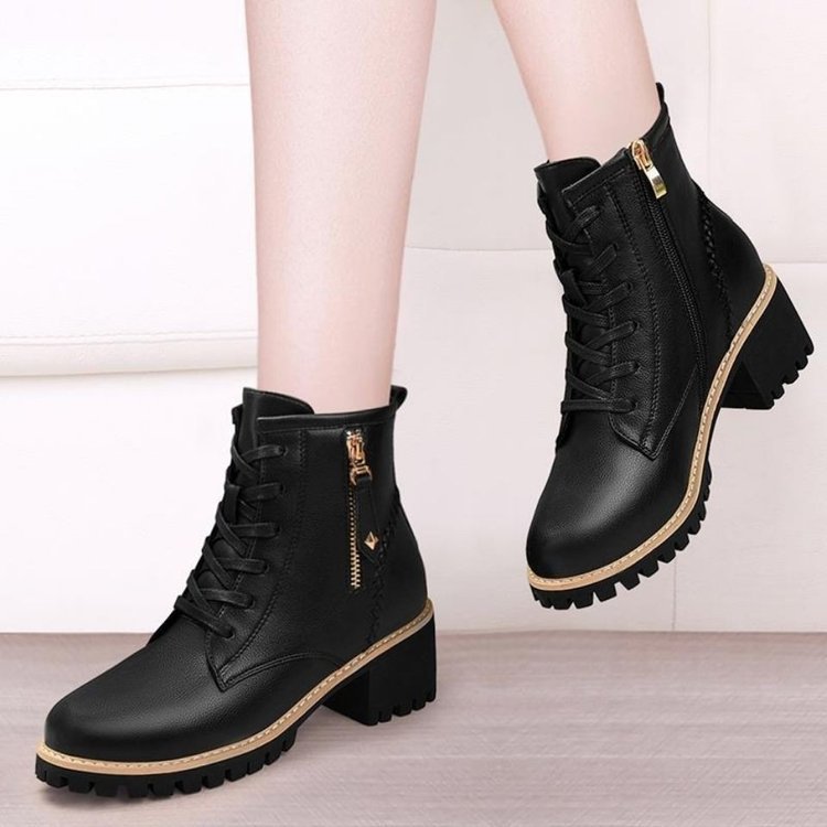 Women's Black Leather Lace-Up Ankle Boots with Zipper - Image 3