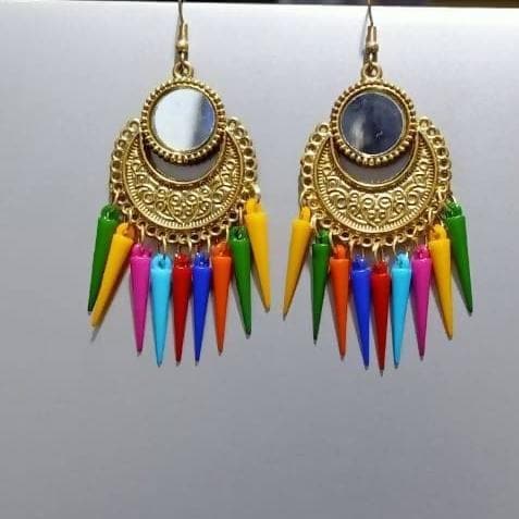 Designer gold-tone mirror Chandbali earrings with multi-color dangling drops