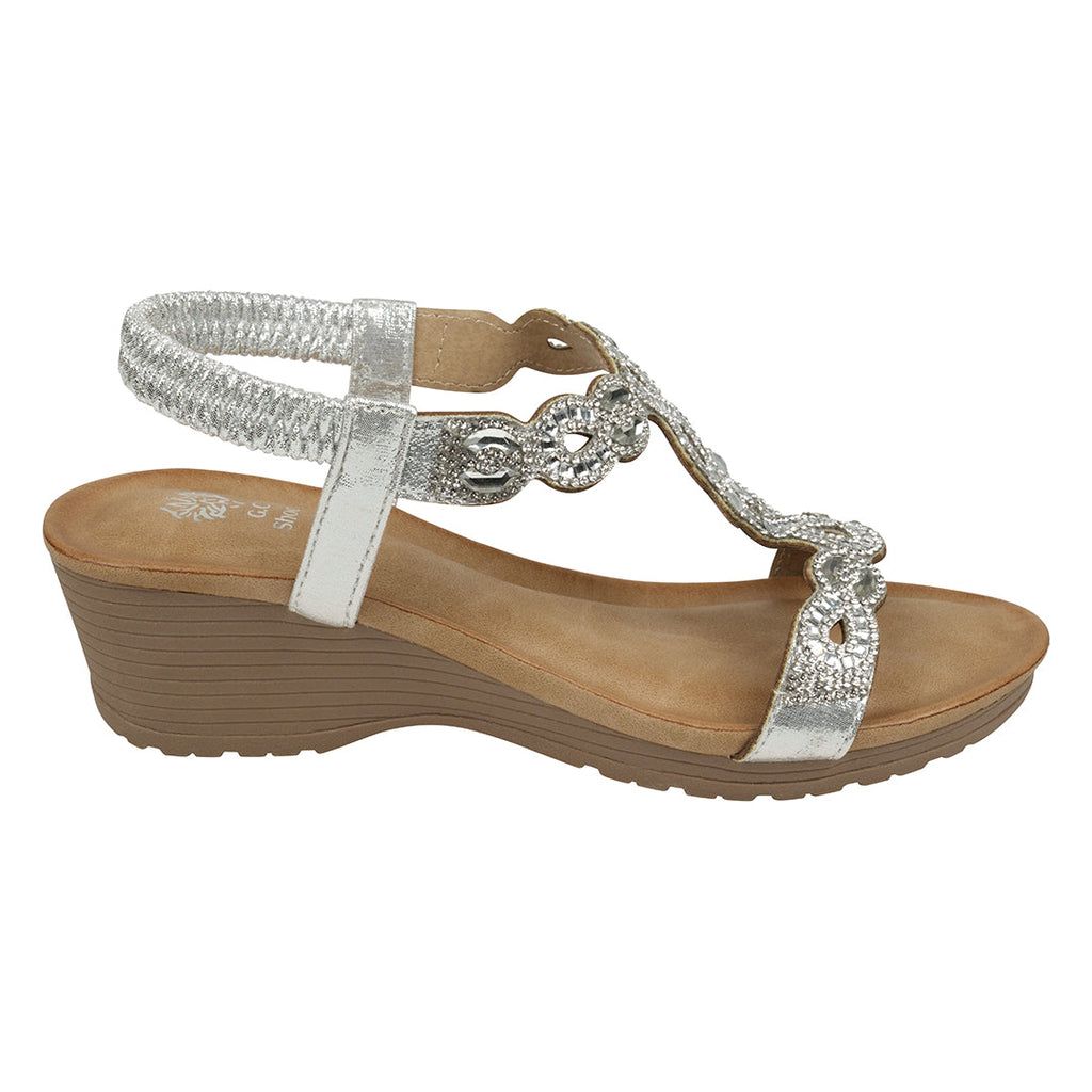 Damaris Silver Embellished Slingback Wedge Sandals