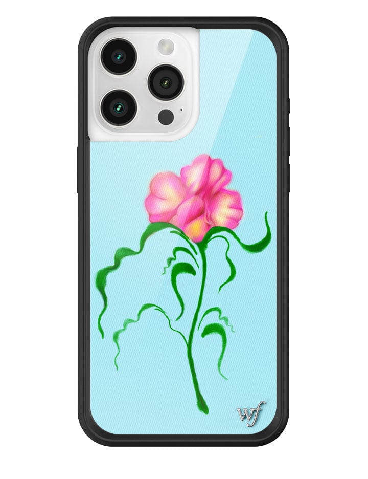 Dancing Flower iPhone case featuring a pink flower with green stems on a light blue background and a black protective bumper.