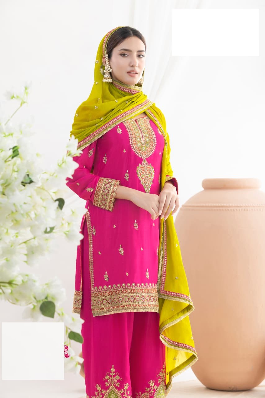 Pink Chinon Wedding Suit Set with Kurta and Matching Bottoms