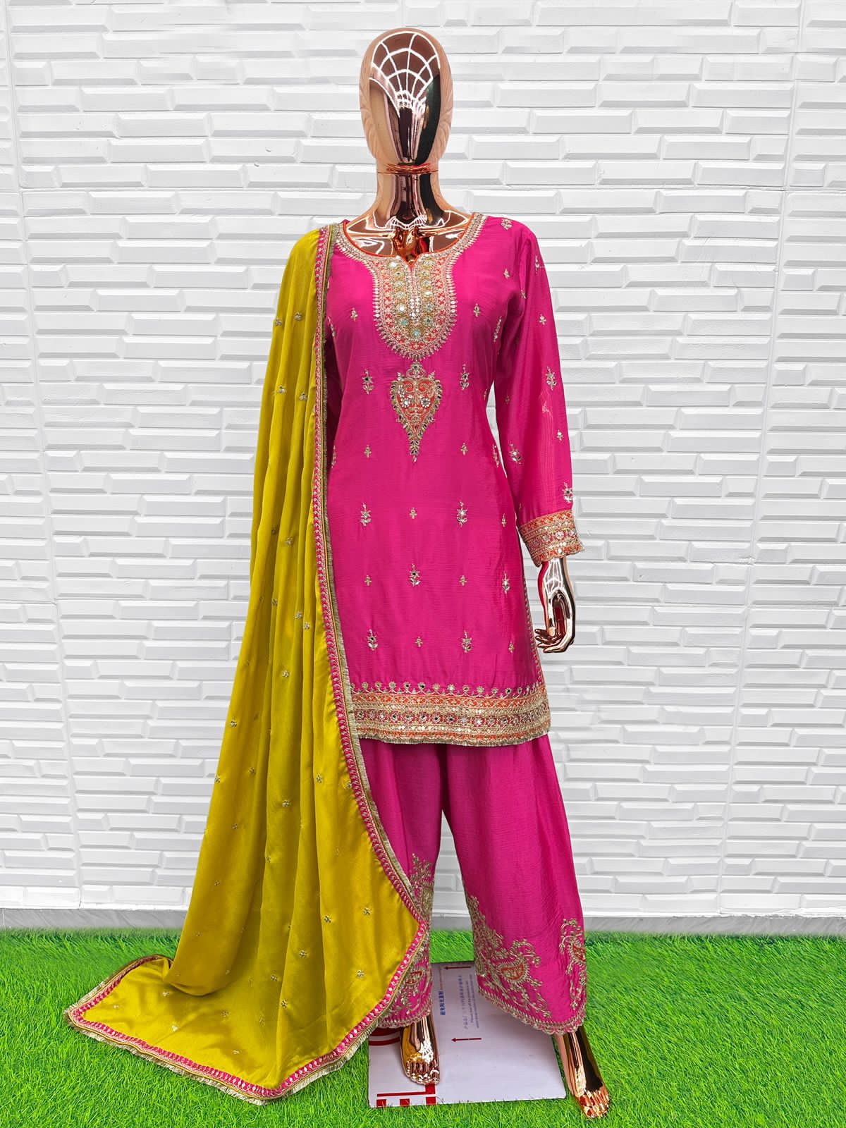 Pink Chinon Wedding Suit Set with Kurta and Matching Bottoms