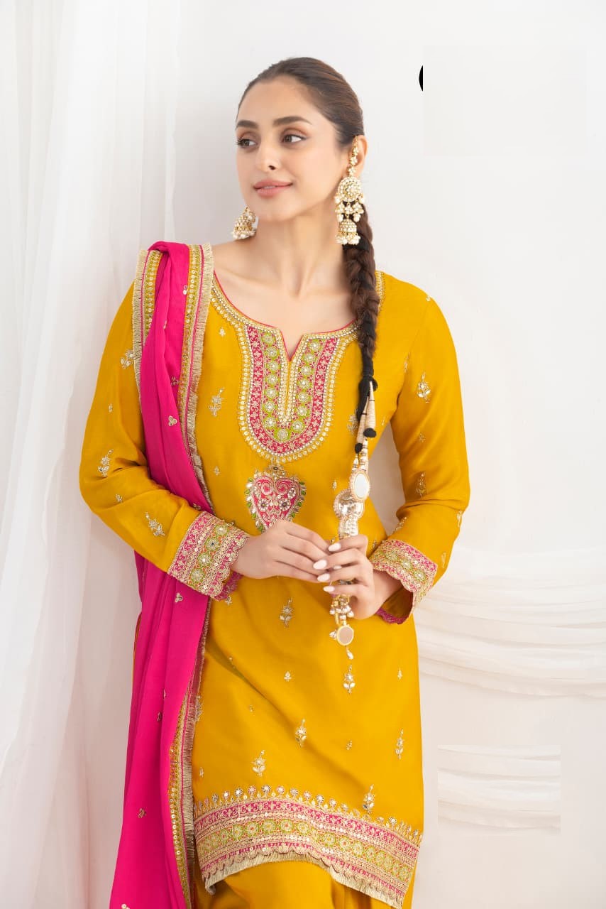 Yellow Chinon Wedding Suit for Women - Elegant Festive Ethnic Wear