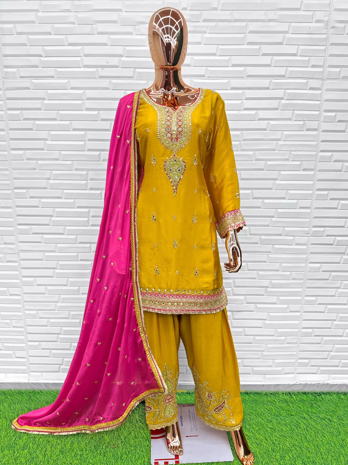 Yellow Chinon Wedding Suit for Women - Elegant Festive Ethnic Wear