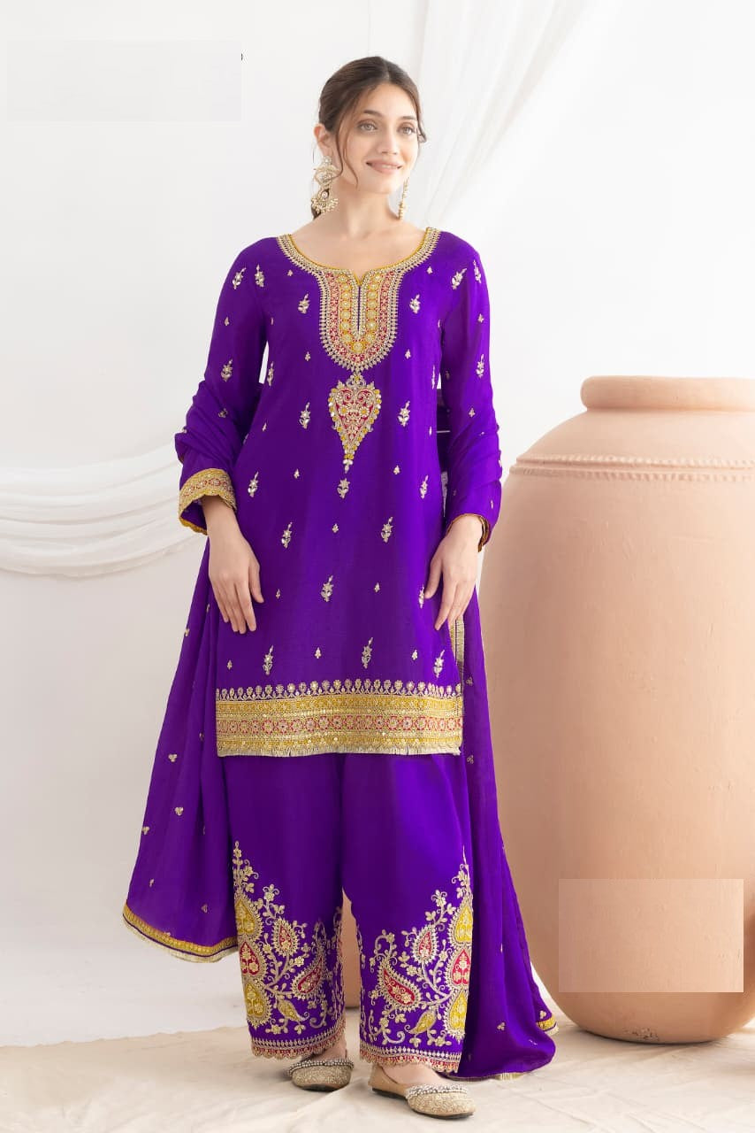 Aarshi Fashions blue Chinon wedding suit for women featuring elegant traditional design