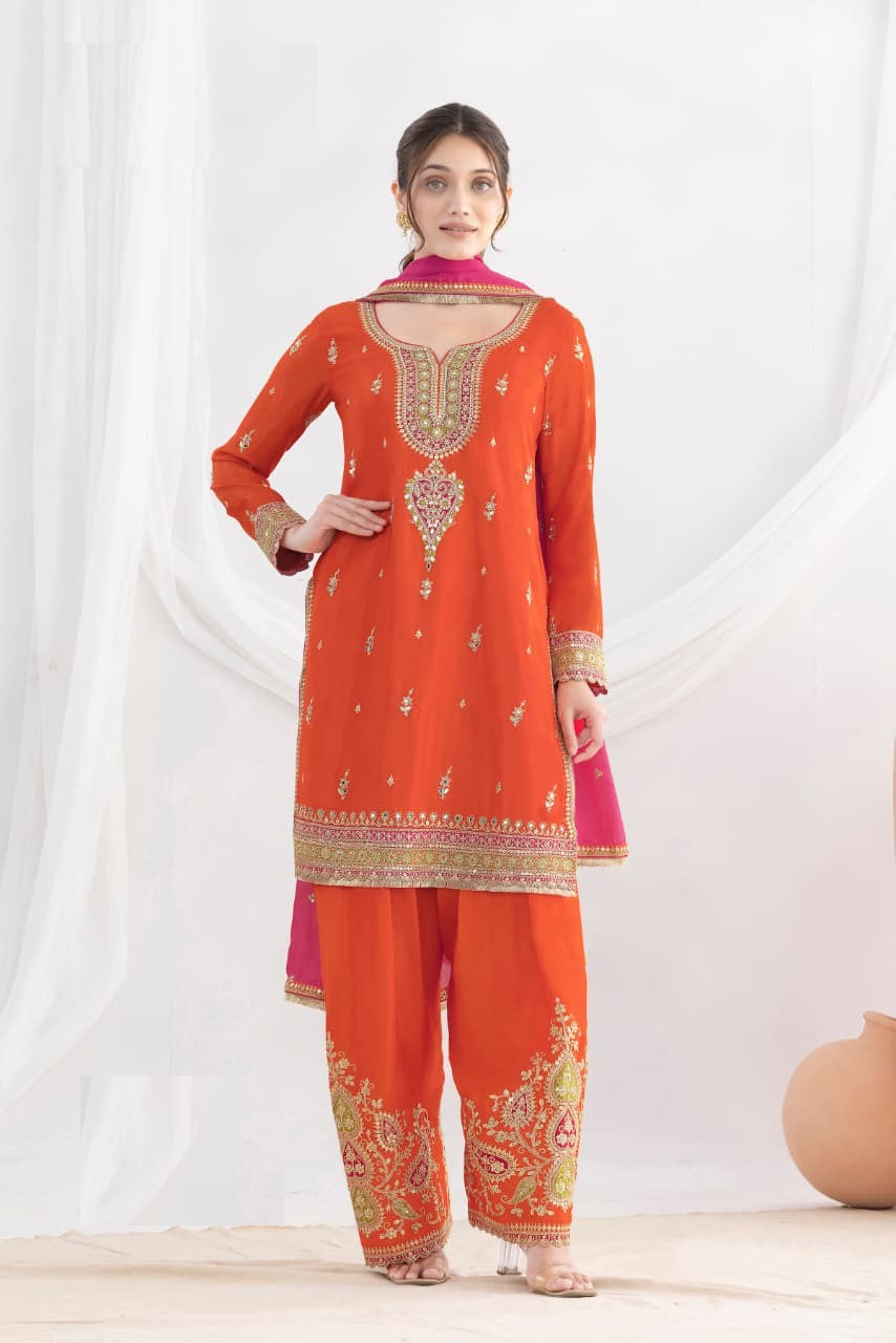 Aarshi Fashions orange Chinon wedding suit with matching dupatta and bottom