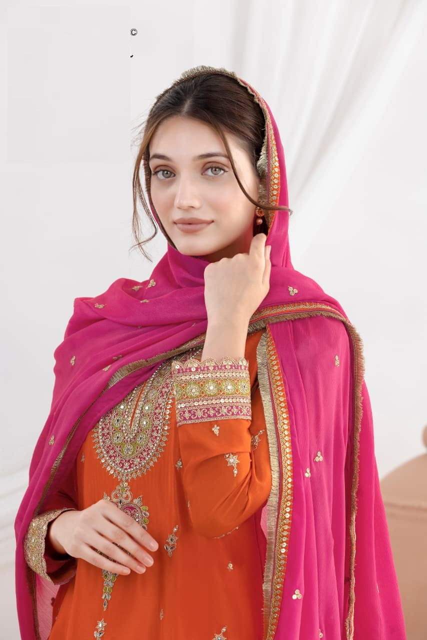 Orange Chinon Wedding Suit Set with Kurta and Matching Bottom