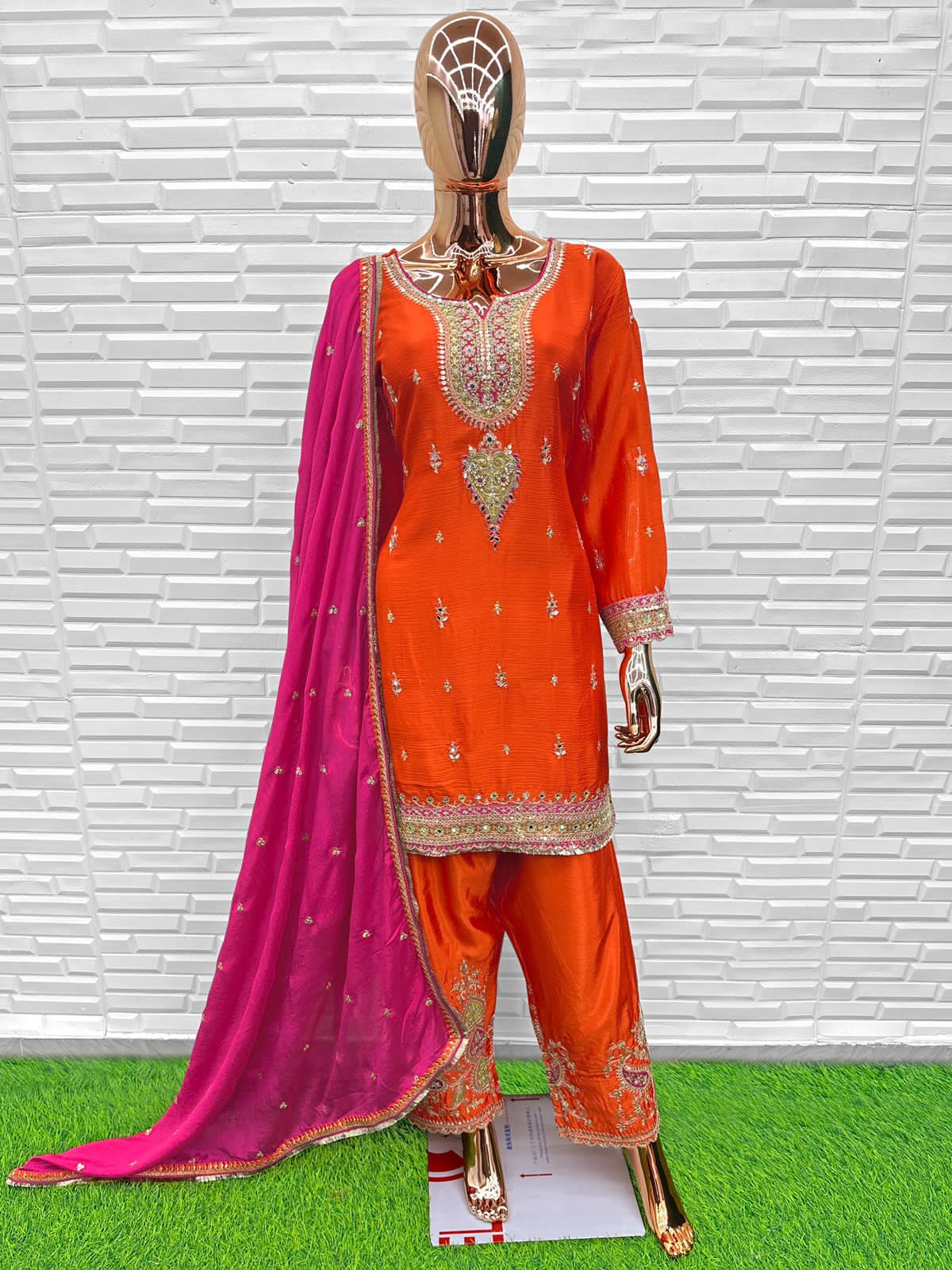 Orange Chinon Wedding Suit Set with Kurta and Matching Bottom