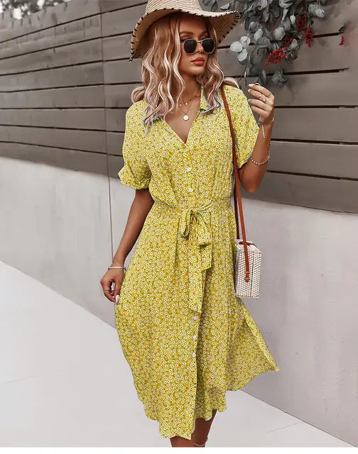 Women's Floral Midi Dress with V Neck and Tie Waist - Image 6