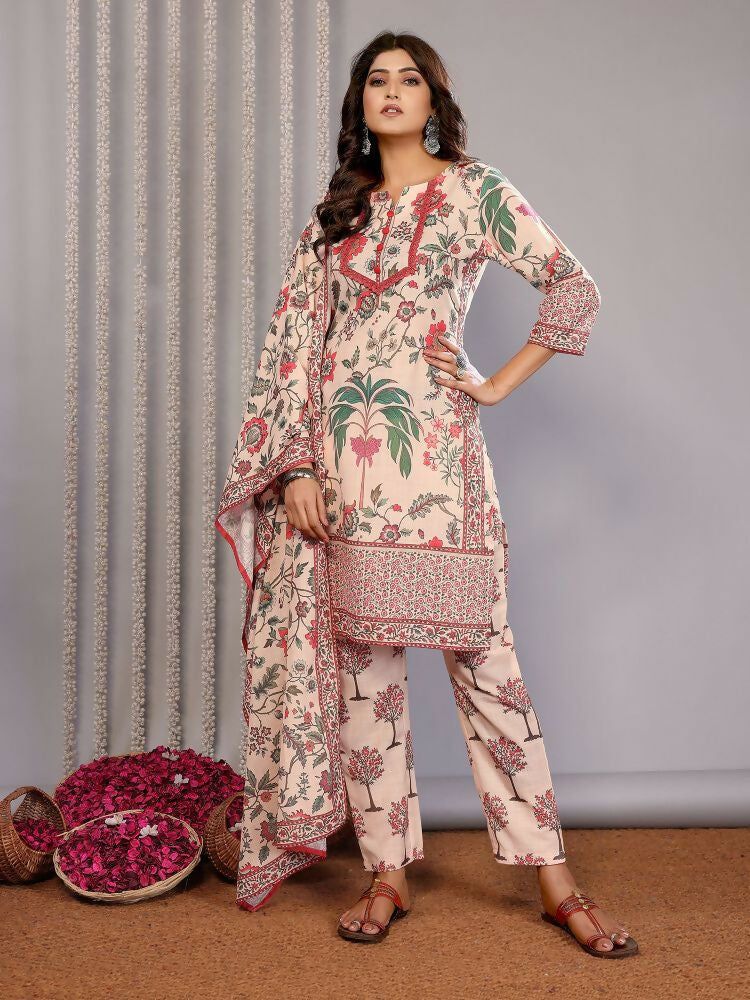 Women Cream Linen Printed Stitched Kurta Set with Notch Neck