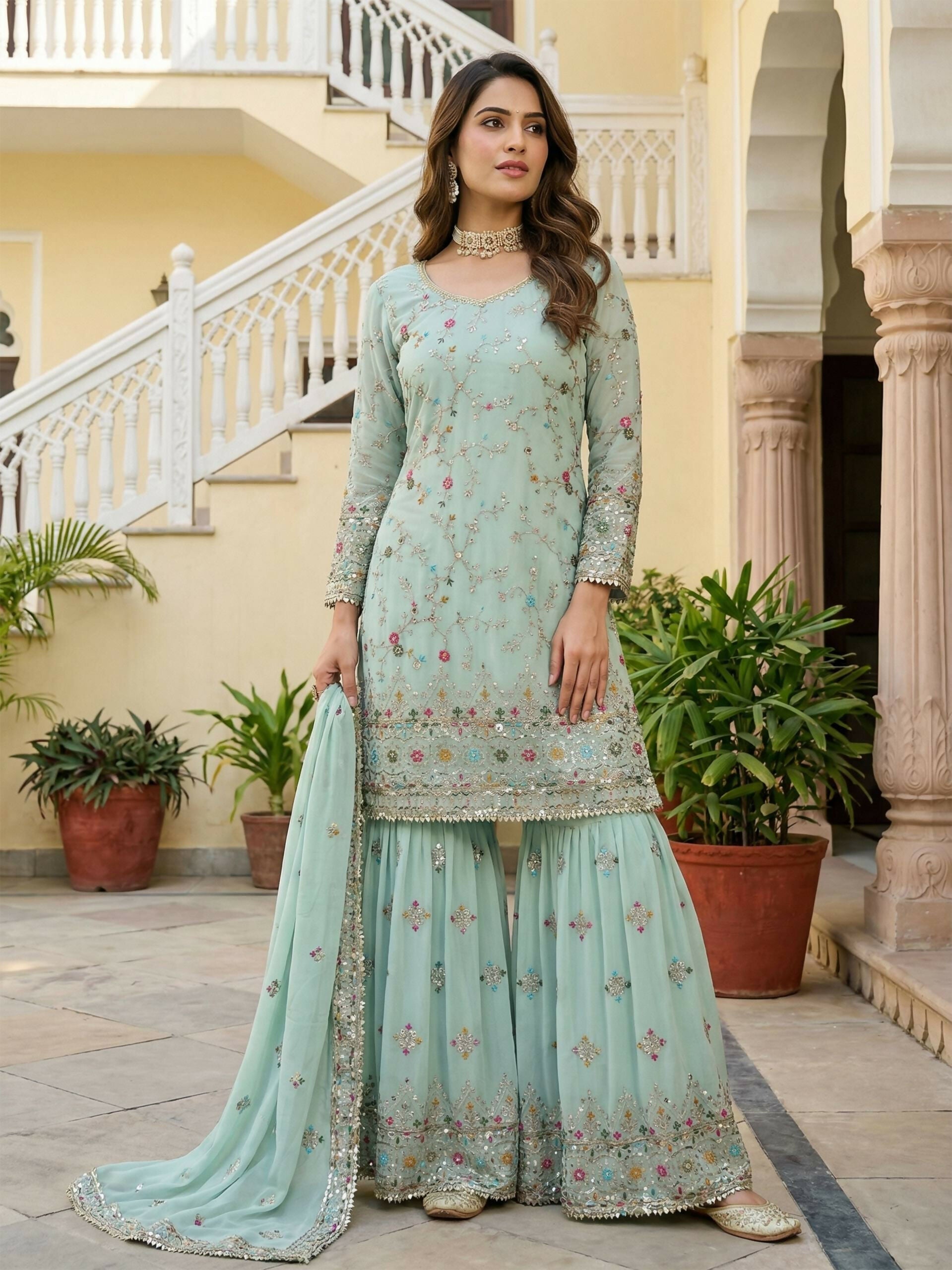Sky Georgette Embroidered Sharara Set - Stitched Ethnic Outfit