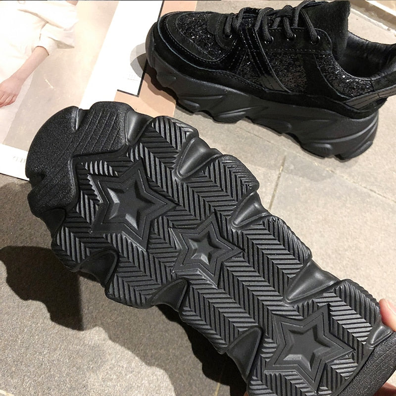 Women’s Harajuku Style Black Chunky Platform Wedge Sneakers - Image 4