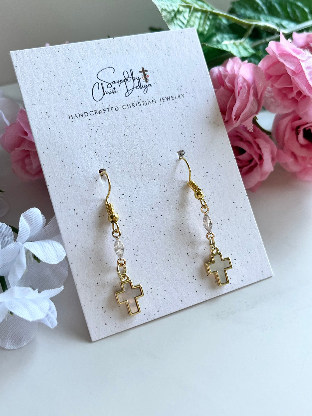 Mother of Pearl Gold Cross Earrings – Christian Faith Jewelry for Women