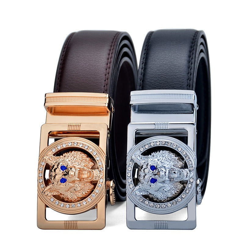 Two Wolf Head Leather Belts featuring a brown leather strap with a gold wolf head automatic buckle and a black leather strap with a silver wolf head automatic buckle.