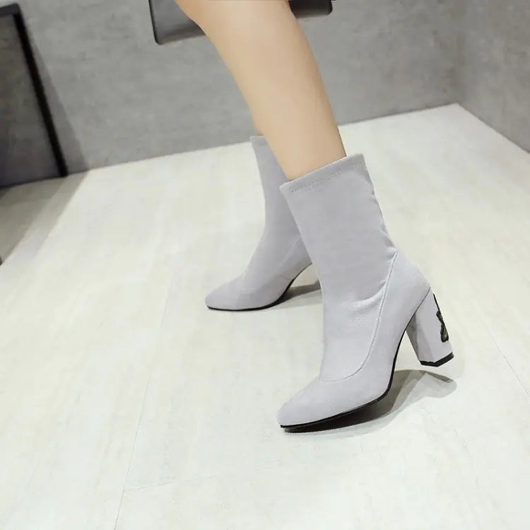Embroidered Gray Ankle Boots with Chunky Heels for Women