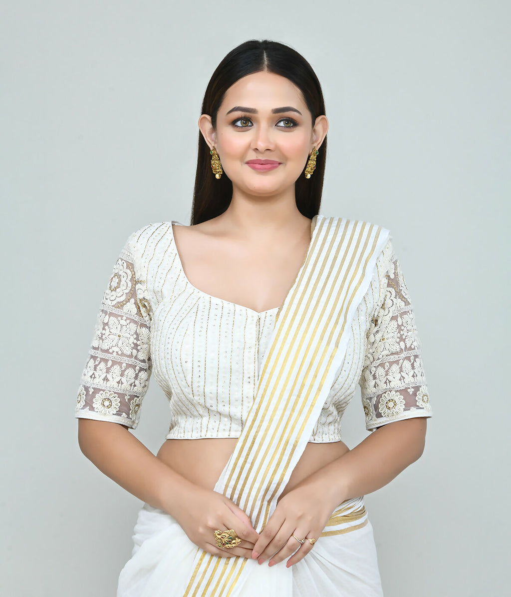 Women's White Embroidered Art Silk Stitched Blouse for Sarees