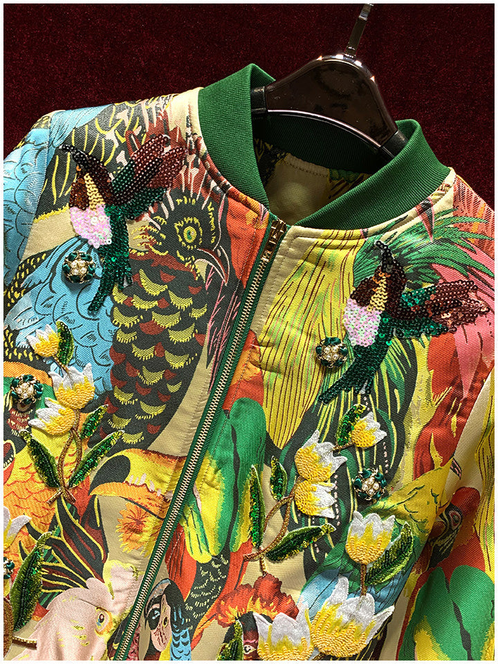 Women's Retro Harajuku Slim Embroidered Parrot Bomber Jacket - Image 2