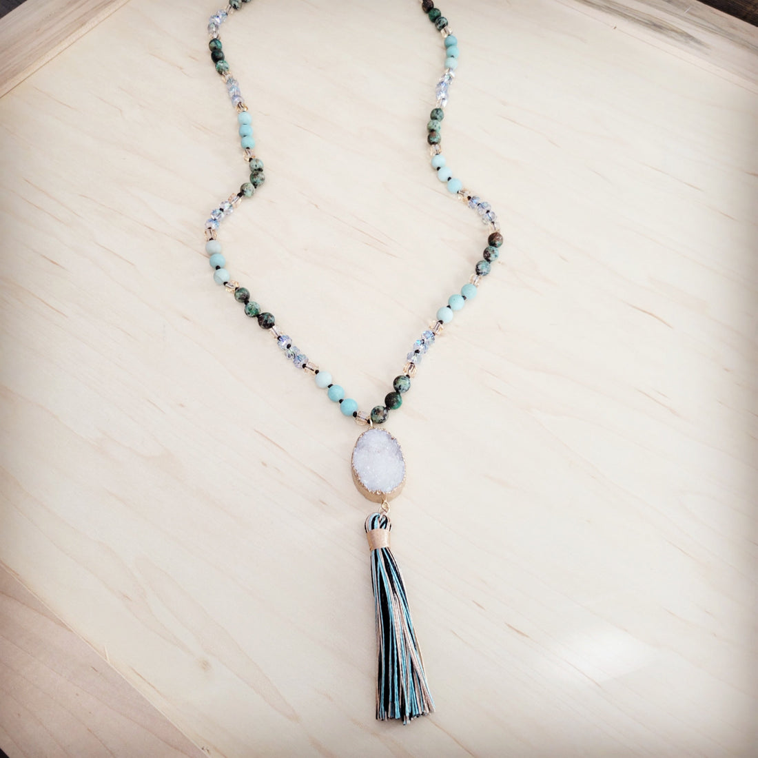 Amazonite Bead Necklace with White Druzy Pendant and Tassel