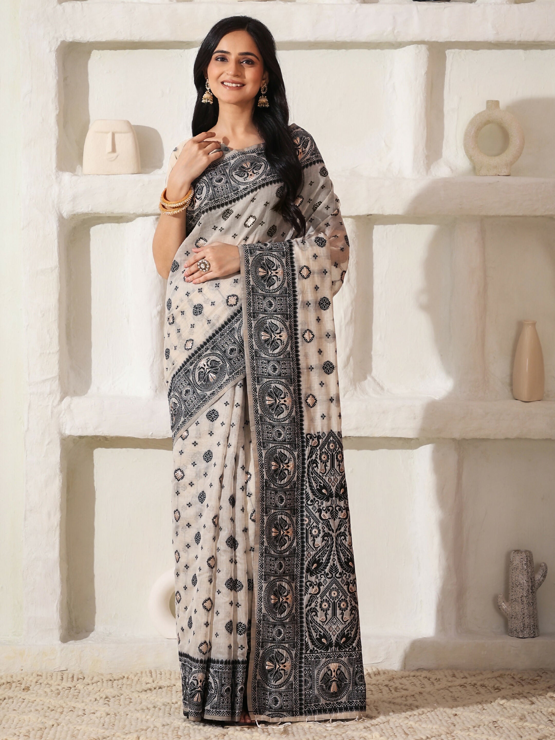 Shree Shyam Fashion Linen Cotton Black & Cream Saree