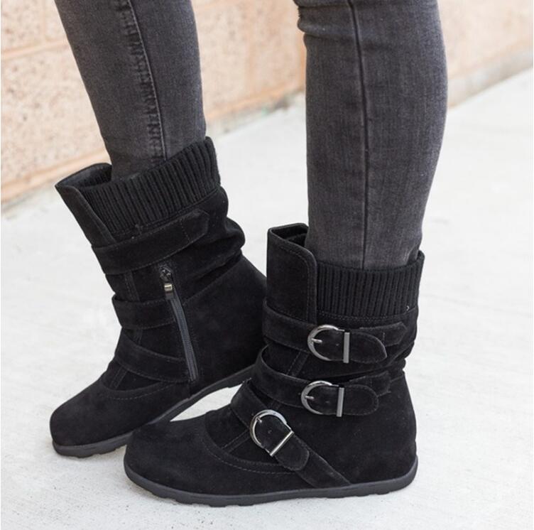 Women's Buckled Faux Suede Boots with Knit Cuff - Casual Mid-Calf - Image 4