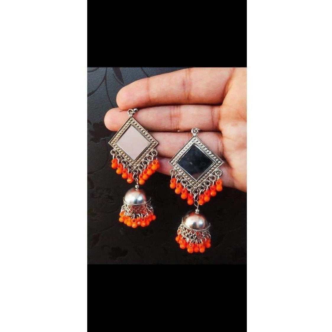 Orange mirror work statement earrings for traditional or boho looks