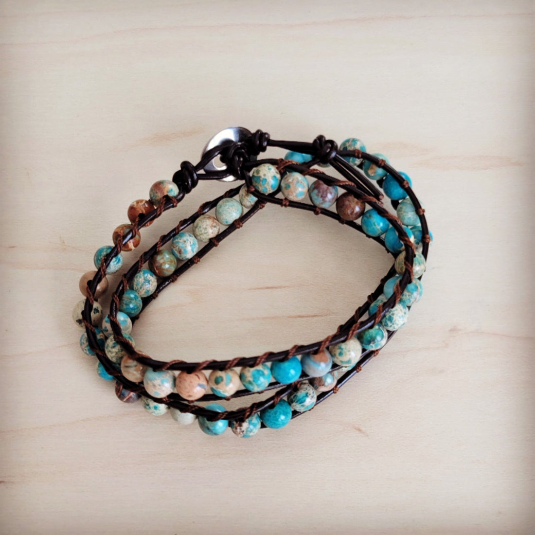 Genuine Imperial Jasper Beaded Leather Double Wrap Bracelet - Image 3