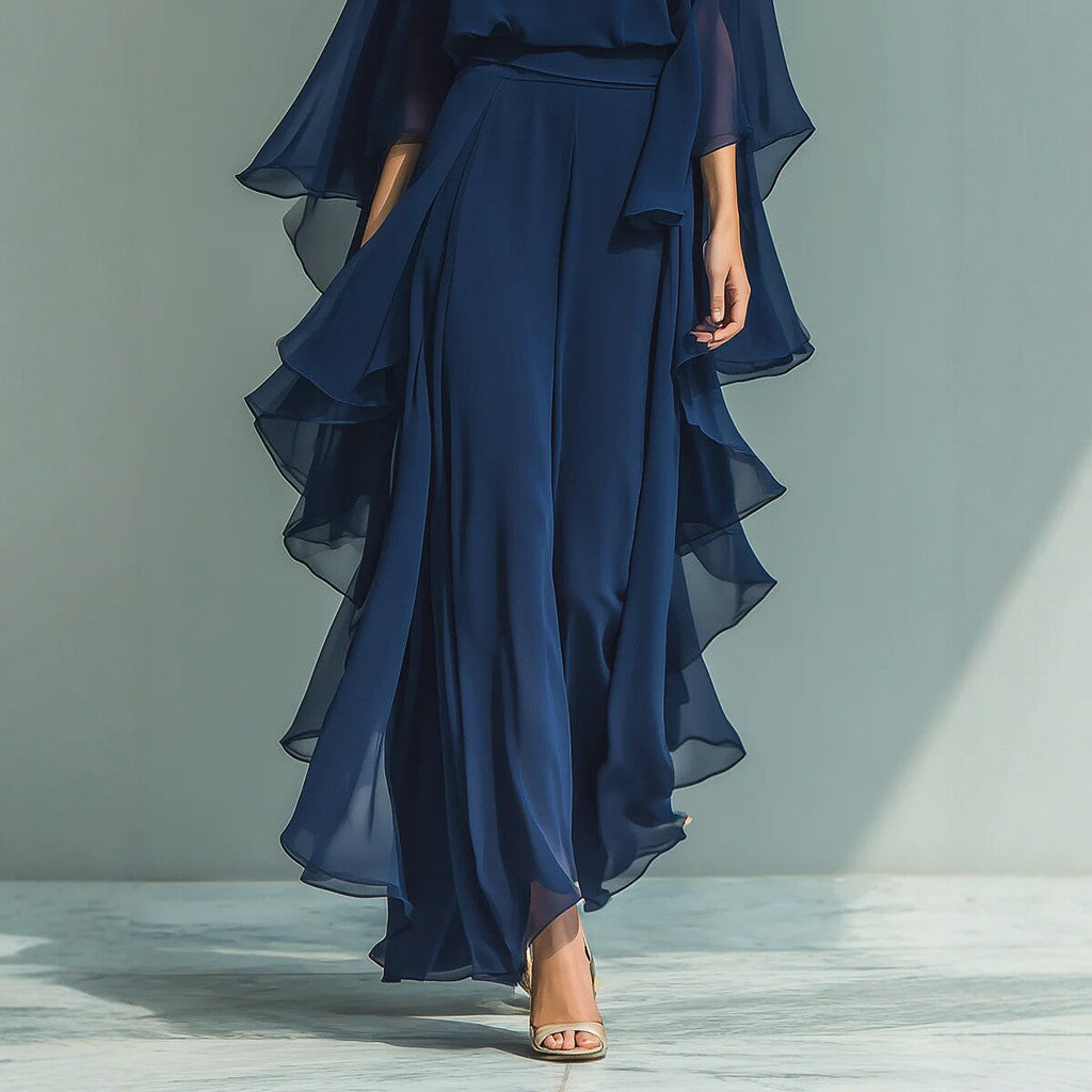 Deep Blue Ruffle Wide-Leg Pants Set - Elegant Two-Piece Outfit
