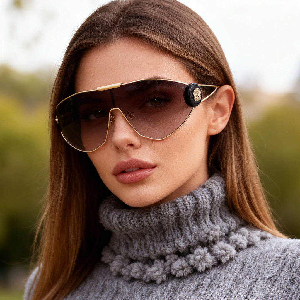 Women's full-frame sports aviator sunglasses available in gold, black, and grey.
