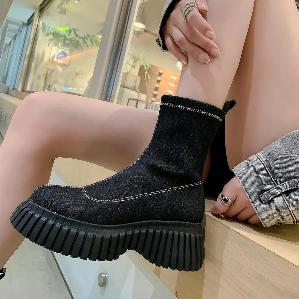 Women's Metallic Silver & Black Denim Platform Ankle Boots - Image 4