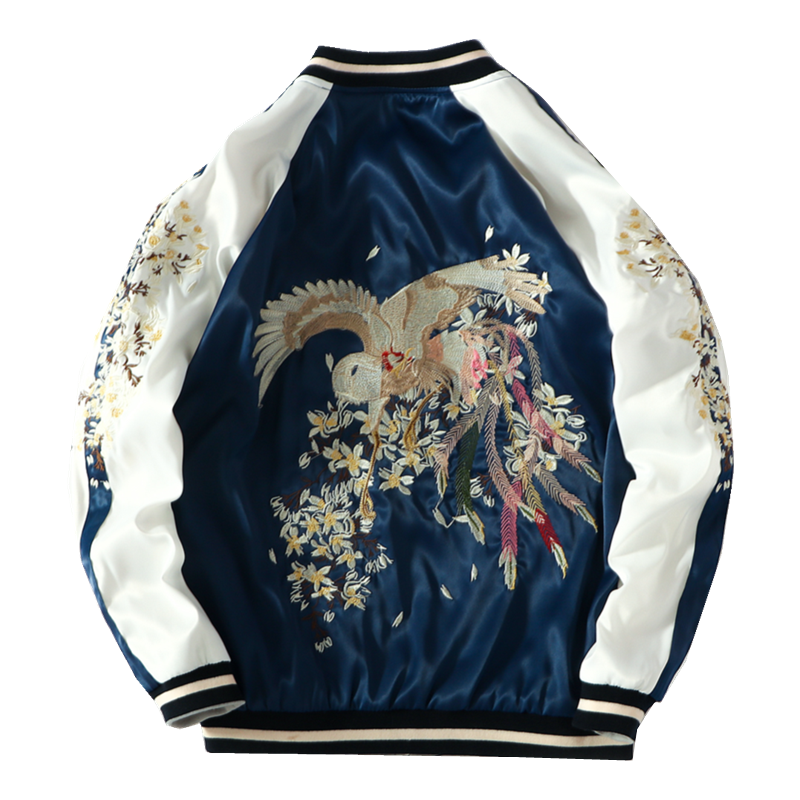 Harajuku Phoenix Embroidered Blue & White Baseball Jacket - Image 2