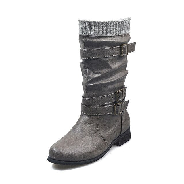 Women's Retro Chunky Heel Mid-Calf Boots with Buckles & Knit Cuff - Image 8