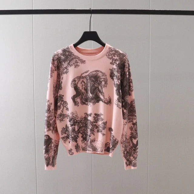 Women's Floral Knit Sweater Long Sleeve Jumper Cream Pink - Image 8