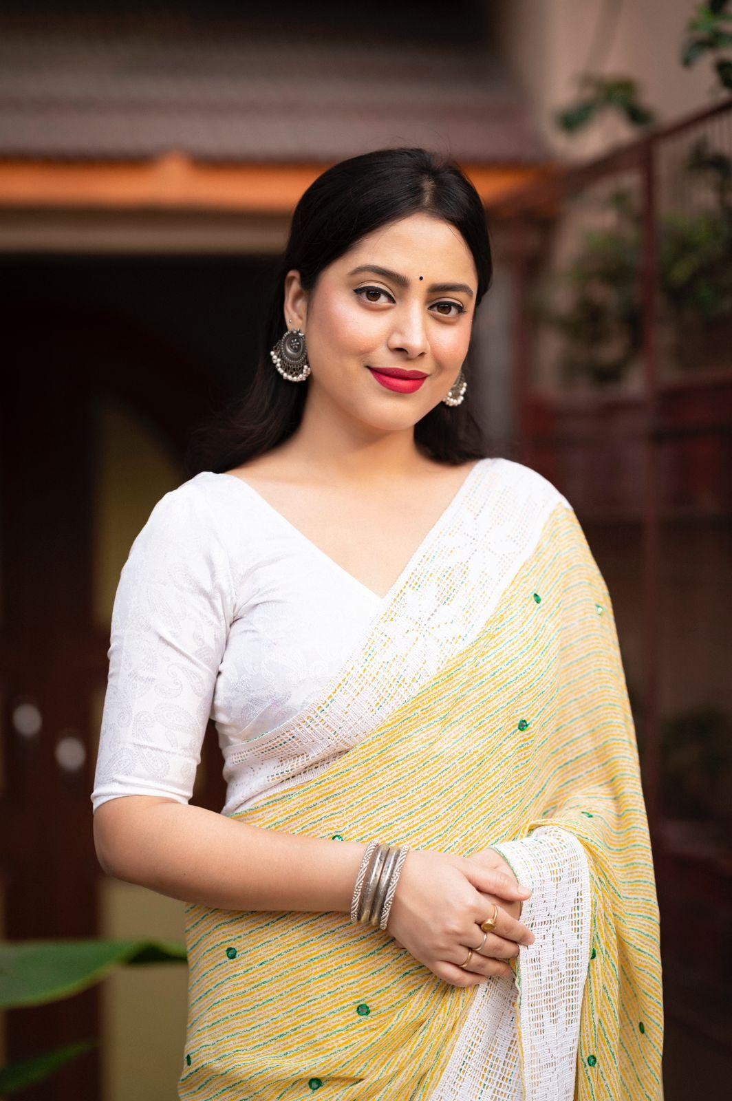 Lemon Poly Georgette Saree with Aari Mirror Border